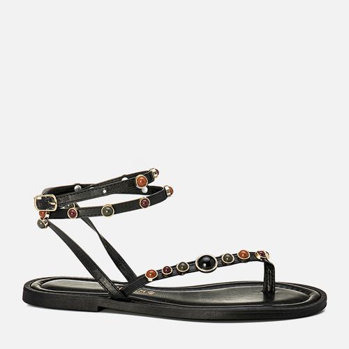 Sandália Rasteira com Tiras Finas e Aplicação de Brilho em Metal ou Tachas Estilo Boho com Pedrarias em Resina Multicolor Feminino Milano Preto 14131