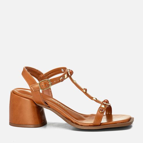 Sandália Salto Alto Bloco Geométrico Encaixado Bico QuadradoMetal Tachas Spike de Pirâmide e Pedrarias Estilo Boho Feminino Milano Caramelo 14137