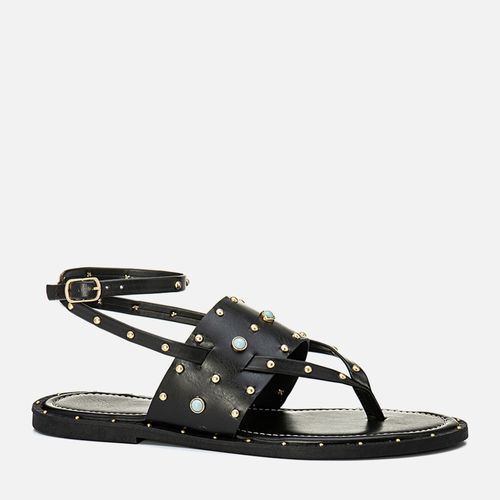 Sandália Rasteira Estilo Boho com Aplicações em Metal de Tachas ou Studs tipo Rebite e Pedrarias Resina Feminino Milano Preto 14076