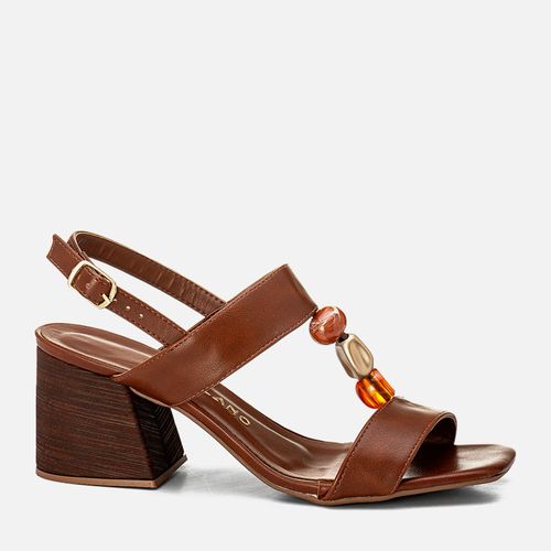 Sandália Salto Médio Bloco Trapézio  Tiras Aplicação Mix de Pedrarias Resina Multiformatos Orgânicos e Multicolor Feminino Milano Conhaque 14130