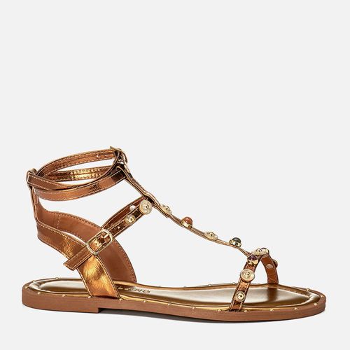 Sandália Rasteira Tiras Finas Gladiadora Metal Tachas Rebite Pedrarias Resina Multicolor Feminino Milano Bronze 14143