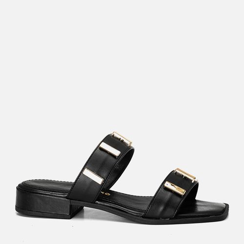 Sandália tipo Tamanco Aberto Salto Bloco Baixo Brilho em Metal Dourado Feminino Milano Preto 14220