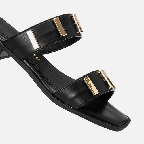 Sandália tipo Tamanco Aberto Salto Bloco Baixo Brilho em Metal Dourado Feminino Milano Preto 14220