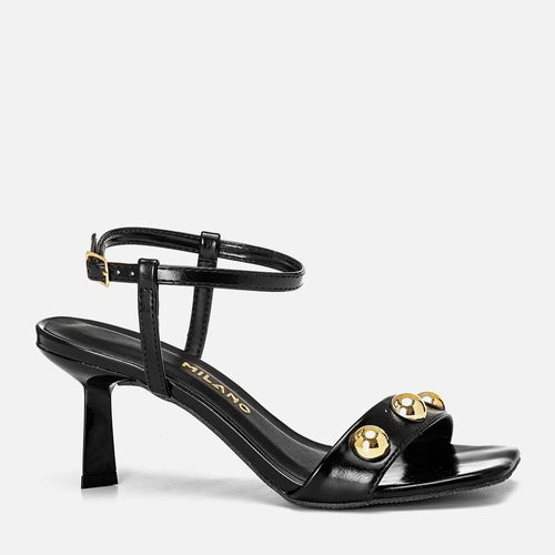 Sandália de Salto Alto Taça Bico Quadrado Tiras Tachas tipo Metal com Formato Meia Esfera Metalizada Dourada  Feminino Milano Preto 14224