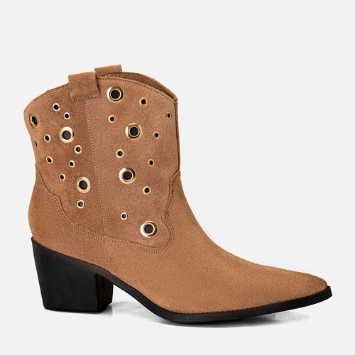 Bota Western Feita em Couro Cano Médio Salto Bloco Médio Bico Fino Aplicação Metal Tachas Ilhós Zíper Interno Milano Bege 14169