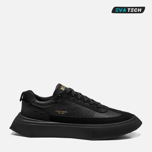 Tênis Casual Feito em Mix Couro Nobuk Emborrachado com Amarração Solado em EVA Tech Ultra Leve Traseira Quadrada Masculino Milano Preto 14045