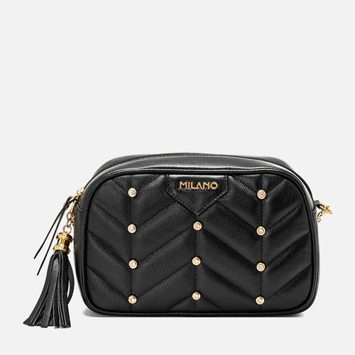Bolsa Pequena Tiracolo ou Transversal Feita em Couro Retangular Matelassê Brilho Metal com Strass e Alça Corrente Feminina Milano Preto 14062