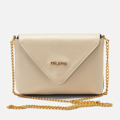 Bolsa Mini Bag Pequena Feita em Couro Tiracolo ou Transversal com Aba Frontal Envelope e Alça em Corrente de Metal Feminina Milano Off White 14215