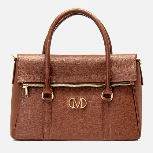 Bolsa Tote Feita em Couro com Alça Transversal ou Tiracolo Opcional Tamanho Médio e Aba Frontal Dobrada com Zíper  Milano Pinhão 14213