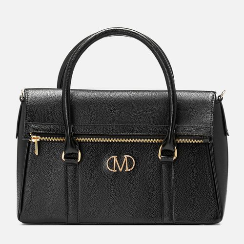 Bolsa Tote Feita em Couro com Alça Transversal ou Tiracolo Opcional Tamanho Médio e Aba Frontal Dobrada com Zíper  Milano Preto 14213