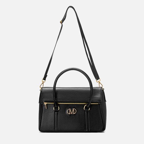 Bolsa Tote Feita em Couro com Alça Transversal ou Tiracolo Opcional Tamanho Médio e Aba Frontal Dobrada com Zíper  Milano Preto 14213
