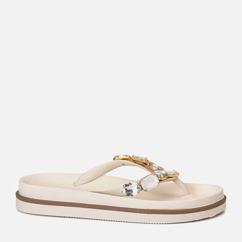 Sandália Papete tipo Chinelo de Sola Alta Anatômica com Aplicação de Brilho em Mix de Pedrarias com Metal Feminino Milano Off White 14179