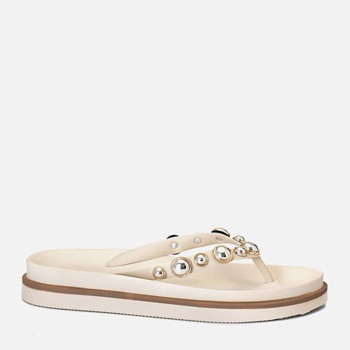 Sandália Papete tipo Chinelo de Sola Alta Anatômica Brilho em Metal Dourado Redondo com Meia Esfera Prata Feminino Milano Off White 14181