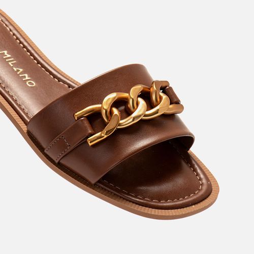 Sandália Rasteira Aberta Estilo Boho com Tira Slide e Maxi Corrente Feminino Milano Marrom 14257