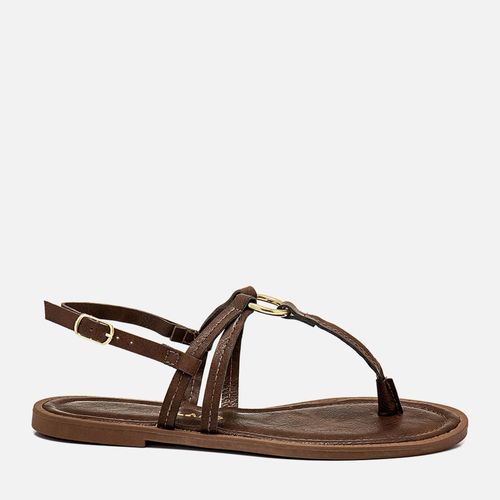 Sandália Rasteira Estilo Boho com Tira Dividindo os Dedos e Cruzadas em Metal tipo Elo Dourado Feminino Milano Marrom 14226