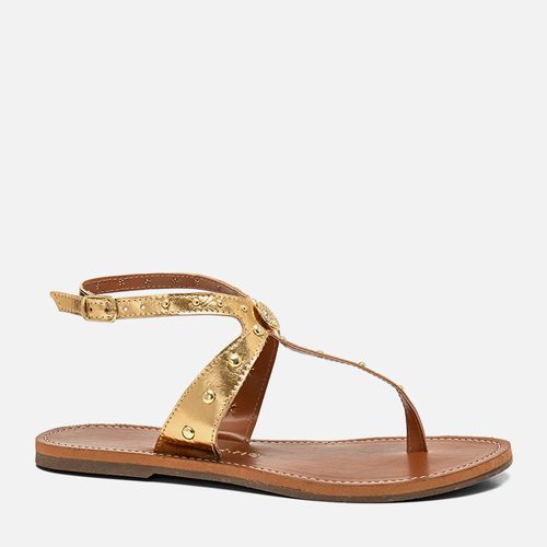 Sandália Rasteira Estilo Boho com Aplicação de Brilho em Metais tipo Tachas e Rebites Feminino Milano Ouro 14238