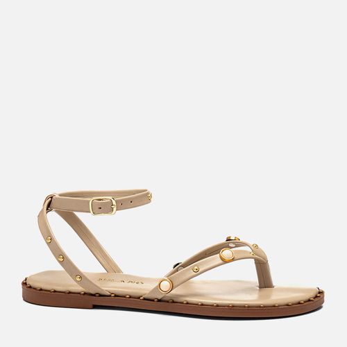 Sandália Rasteira Aberta Estilo Boho com Tachas em Metal com Pedrarias e Rebites Feminino Milano Bege 14248