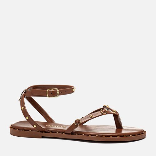 Sandália Rasteira Aberta Estilo Boho com Tachas em Metal com Pedrarias e Rebites Feminino Milano Marrom 14248