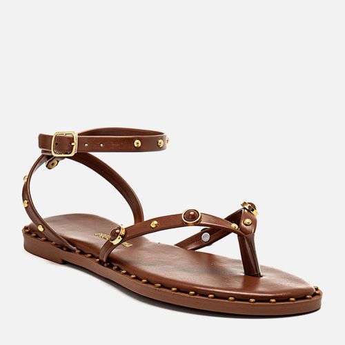 Sandália Rasteira Aberta Estilo Boho com Tachas em Metal com Pedrarias e Rebites Feminino Milano Marrom 14248