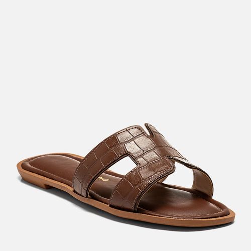 Sandália Rasteira Aberta Estilo Boho com Tira Slide H e Textura Croco Feminino Milano Marrom 14255