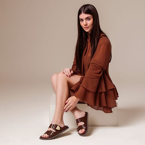 Sandália Papete Fivelas Bico de Crochê Artesanal Mix de Cores Feminino Milano Marrom 13838