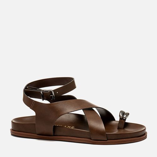 Sandália Papete Palmilha Anatômica Ring Toe ou Anel de Dedo Peça Orgânica Metalizada Cromada e Fosco e Tiras Cruzadas Feminino Milano Café 14080
