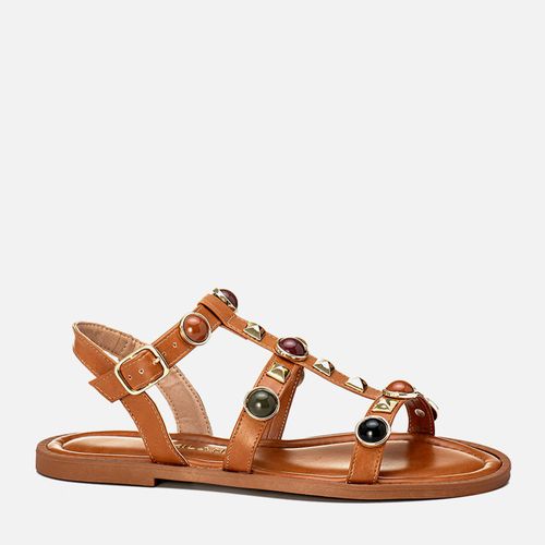 Sandália Rasteira tipo Gladiadora com Aplicações em Metal Tachas Spike de Pirâmide e Pedrarias Estilo Boho Multicolor Feminino Milano Caramelo 14132