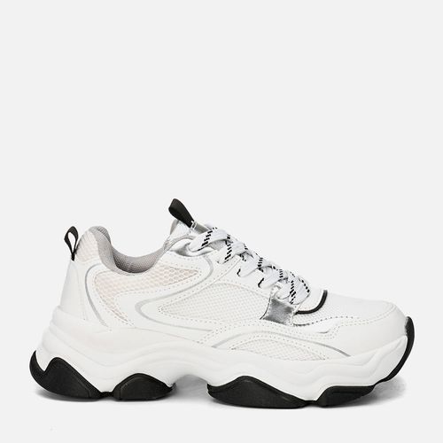 Tênis Casual Visual Esportivo Robusto Daddy Sneaker ou Chuncky Sola Ultra Alta Mix de Materiais com Amarração Feminino Milano Branco 14142