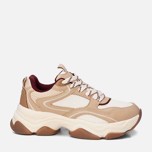 Tênis Casual Visual Esportivo Robusto Daddy Sneaker ou Chuncky Sola Ultra Alta Mix de Materiais com Amarração Feminino Milano Amendoa 14142