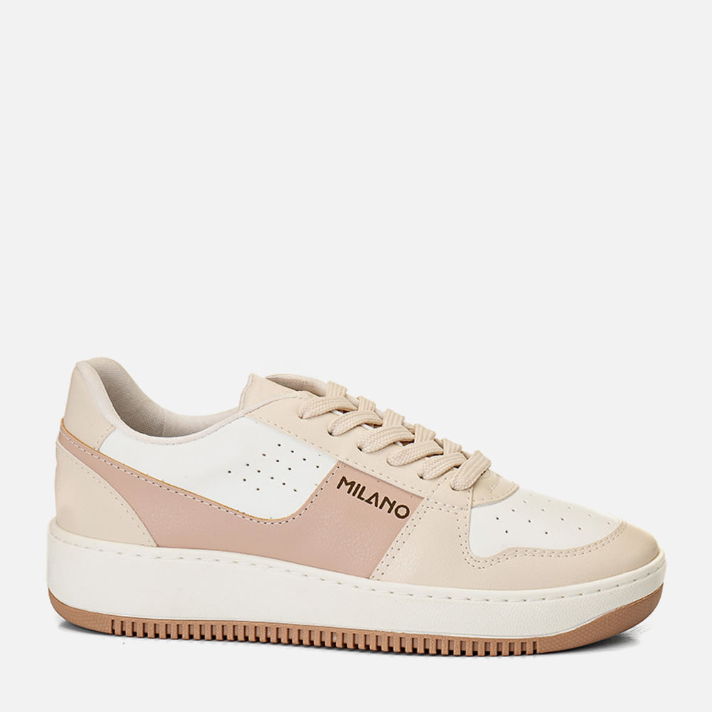 Tênis Casual Visual Esportivo Sola Média Bicolor Costurada Cabedal em Recortes Mix de Materiais e Cores com Amarração  Feminino Milano Nude 14146 33