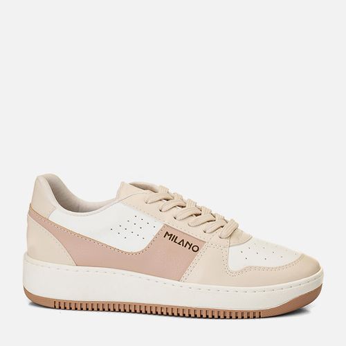 Tênis Casual Visual Esportivo Sola Média Bicolor Costurada Cabedal em Recortes Mix de Materiais e Cores com Amarração  Feminino Milano Nude 14146