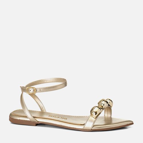 Sandália Rasteira com Bico Folha Tira Fina com Aplicação de Peça Orgânica Metalizada Dourada e Tiras Fininhas  Feminino Milano Ouro Light 14162