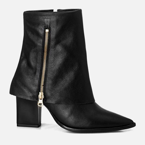 Bota Feita em Couro Cano Médio Capa Zíper Salto Bloco Bico Fino Feminino Milano Preto 13588