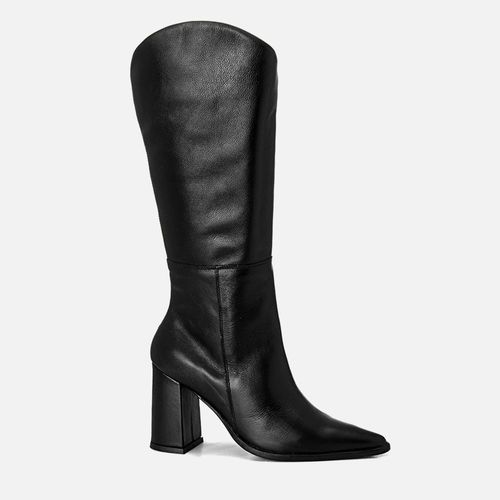 Bota Feita em Couro Cano Alto Salto Bloco Alto Feminino Milano Preto 13589