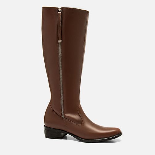 Bota Montaria Feita em Couro com Cano Alto Salto Baixo Bloco e Detalhe em Zíper com Puxador na Lateral e Calce Prático Feminino Milano Marrom 14249