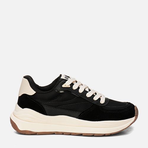 Tênis Visual Esportivo Robusto tipo Daddy Sneaker ou Chuncky Sola Alta Bicolor Recortes e Mix de Materiais Feminino Milano Preto 14139