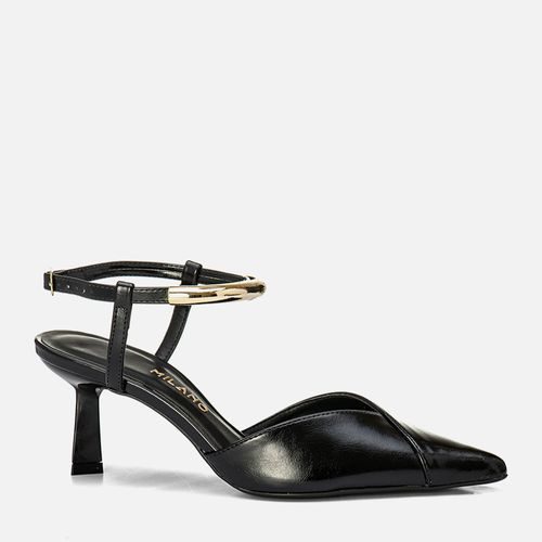 Scarpin Aberto De Salto Alto Taça com Bico Fino Decote em V e Tira com Detalhe em Metal Dourado no Tornozelo Feminino Milano Preto 14095