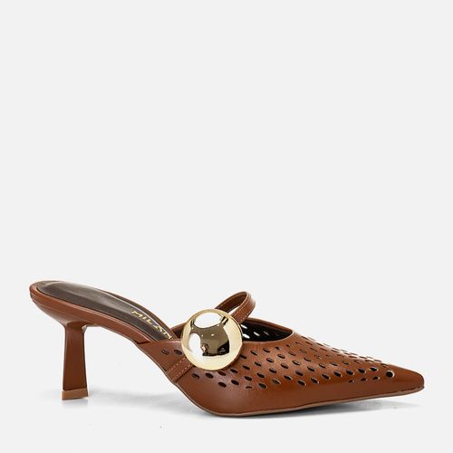 Mule ou Scarpin Aberto Salto Fino Médio Taça Bico Fino Peça Redonda Metalizada e Cabedal com Furação Feita à Laser  Feminino Milano Caramelo 14223