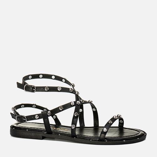 Sandália Rasteira Estilo Boho Tiras Cruzadas Brilho Mix de Pedrarias Cristal com Ponto de Strass Feminino Milano Preto 14127