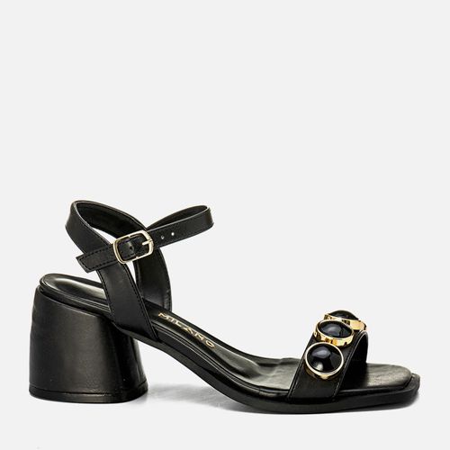 Sandália Salto Alto Bloco Geométrico Encaixado Bico Quadrado Metal Tachas Pedrarias Estilo Boho Feminino Milano Preto 14136