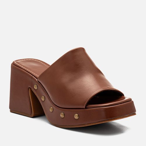 Sandália tipo Tamanco Plataforma Aberto Salto Alto Tachas Boho Feminino Milano Marrom 14277