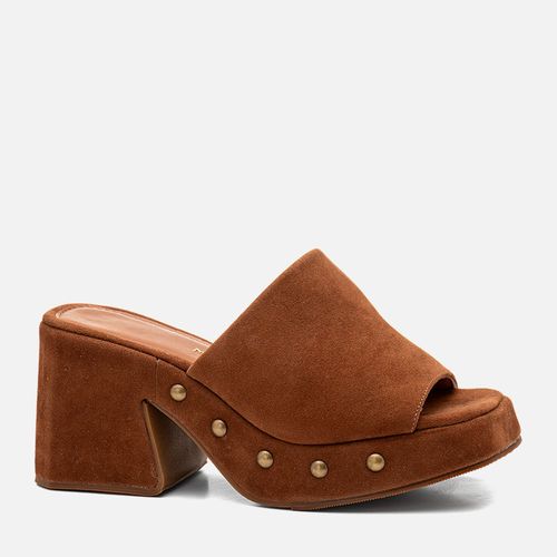 Sandália tipo Tamanco Plataforma Aberto Salto Alto Tachas Boho Feminino Milano Caramelo 14277