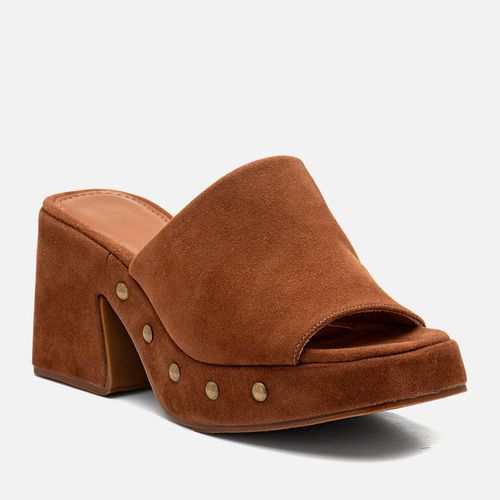 Sandália tipo Tamanco Plataforma Aberto Salto Alto Tachas Boho Feminino Milano Caramelo 14277