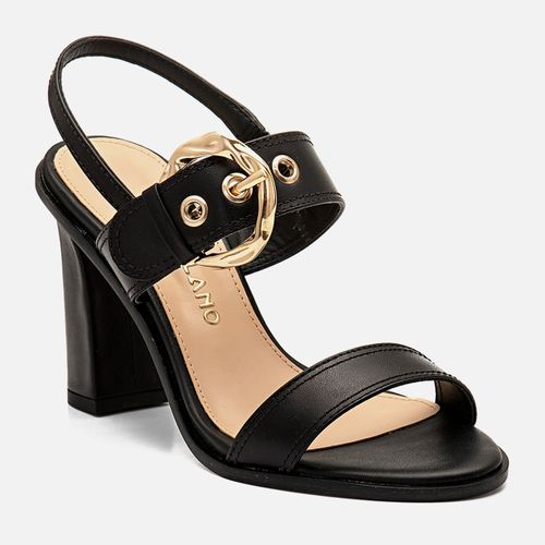 Sandália Feito em Couro Salto Alto Bloco Maxi Fivela Dourada Estilo Boho com Calce Prático Elástico Feminino Milano Preto 14283