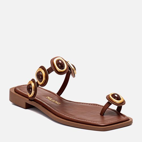 Sandália Rasteira Aberta Ring Toe ou Dedeira  Peça Formato Orgânico Pedraria Resina Feminino Milano Marrom 14294
