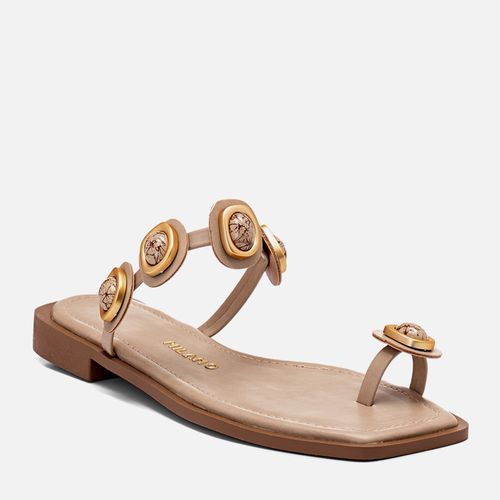 Sandália Rasteira Aberta Ring Toe ou Dedeira  Peça Formato Orgânico Pedraria Resina Feminino Milano Bege 14294