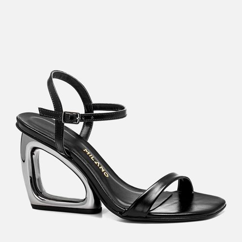 Sandália Salto Anabelado Geométrico em Metal Dourado com Detalhe Vazado e Tiras Finas com Bico Quadrado Feminino Milano Preto 14116