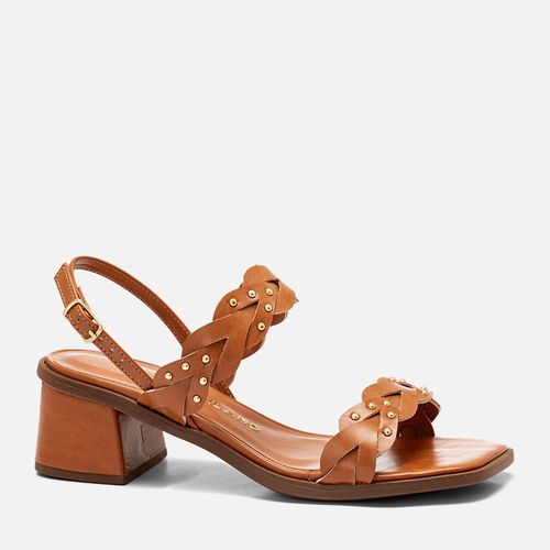 Sandália Salto Bloco Médio Trapézio Tiras Tramadas Trançadas Brilho Tachas Feminino Milano Caramelo 14298