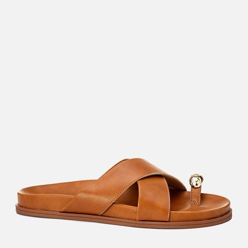 Sandália Papete Aberta Palmilha Anatômica Ring Toe ou Anel de Dedo Peça Orgânica Metalizada Cromada Tiras Cruzadas em X Feminino Milano Caramelo 14081