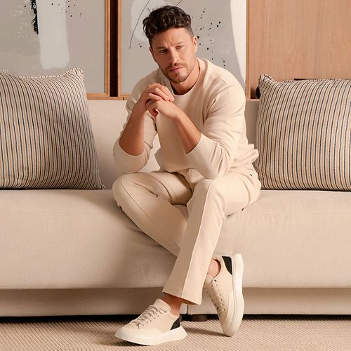 Tênis Casual Feito em Mix de Couro Floter Nobuk Solado EVA Tech Ultra Leve com Amarração Traseira Quadrada Masculino Milano Off White/offwhite 14043